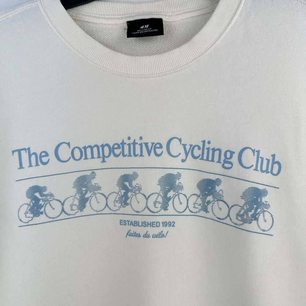 H&M Sweatshirt Mens XL White Blue Cycling Club Crew Neck Long Sleeve Relaxed Fit